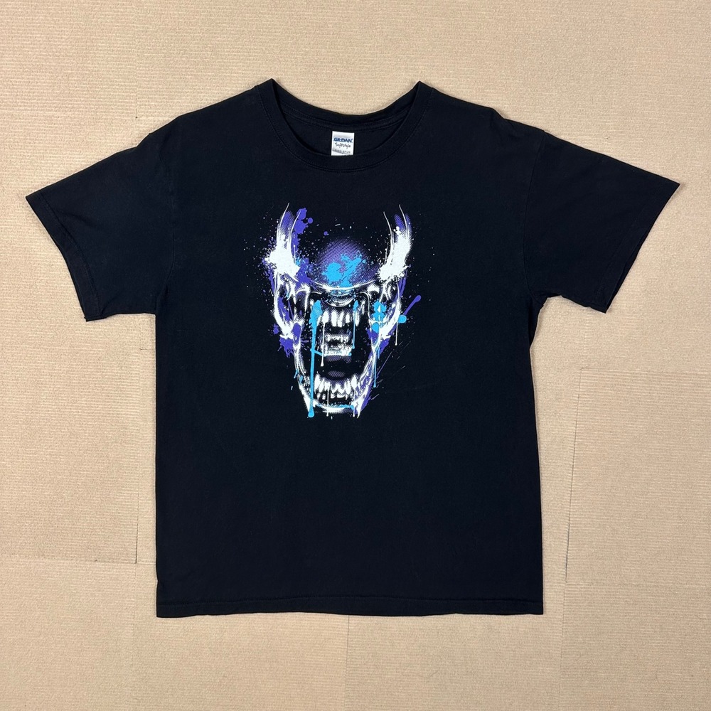 Alien Xenomorph Splatter Graphic T-Shirt Men Large Black Gildan Tee Cotton